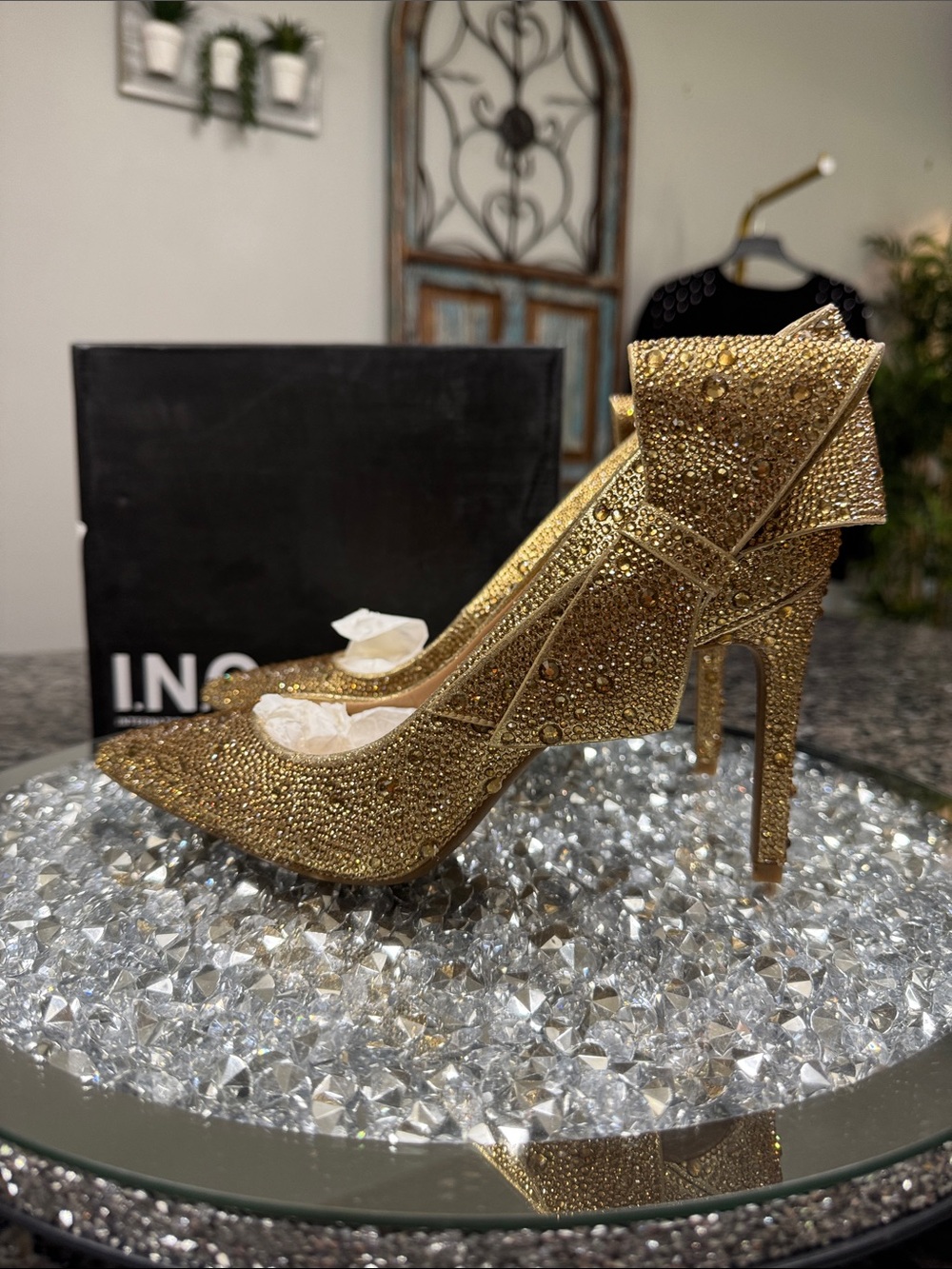 INC International Concepts Gold Bling Crystal Bow Pointed-Toe Stiletto Pumps NEW